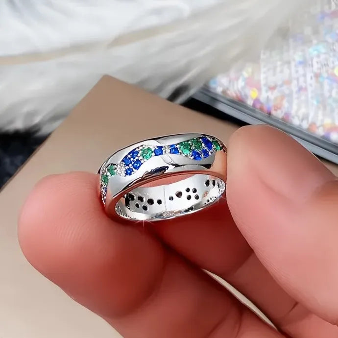 Silver Green Blue CZ Geometric Brass Band Ring for Women Stylish Jewelry