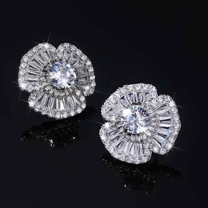 Geometric Cubic Zirconia Petal Stud Earrings Bling Wedding Jewelry