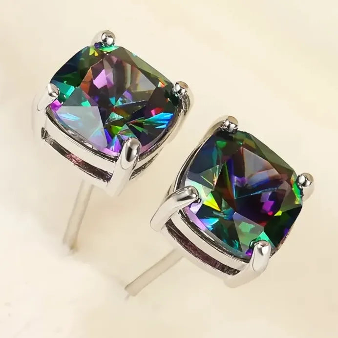 Classic Four Claw Multicolor CZ Geometric Stud Earrings for Women
