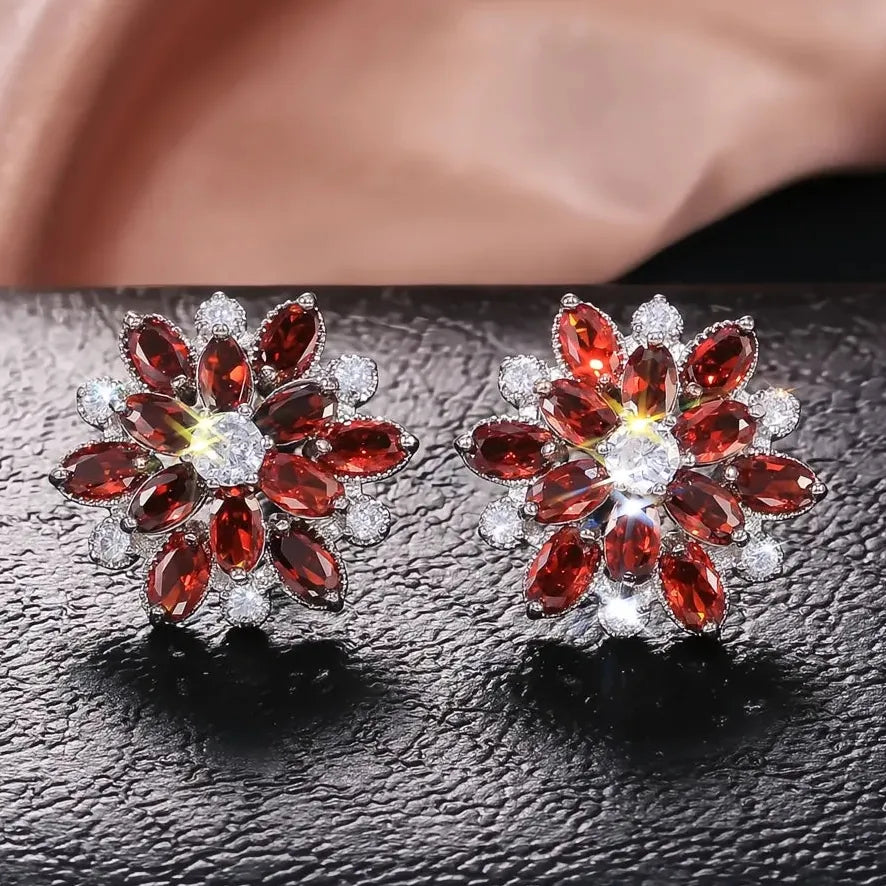 Double Layer Flower Stud Earrings with Cubic Zirconia Brass, 7 Colors Gift