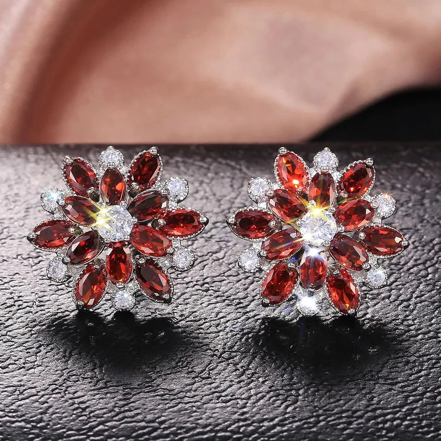 Double Layer Flower Stud Earrings for Women in 7 Colors with Cubic Zirconia