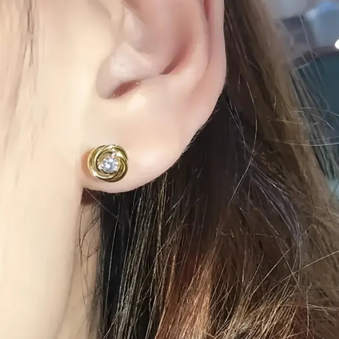 Gold Spiral Copper Alloy Stud Earrings with Single CZ Cubic Zirconia Stone