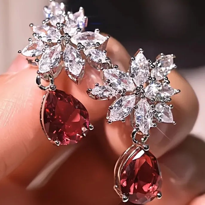 Red Water Drop Cubic Zirconia Dangle Earrings Copper Alloy Bridal Jewelry Women