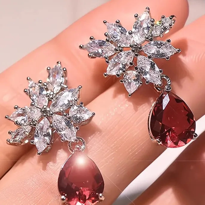 Red Water Drop Cubic Zirconia Dangle Earrings Copper Alloy Bridal Jewelry Women