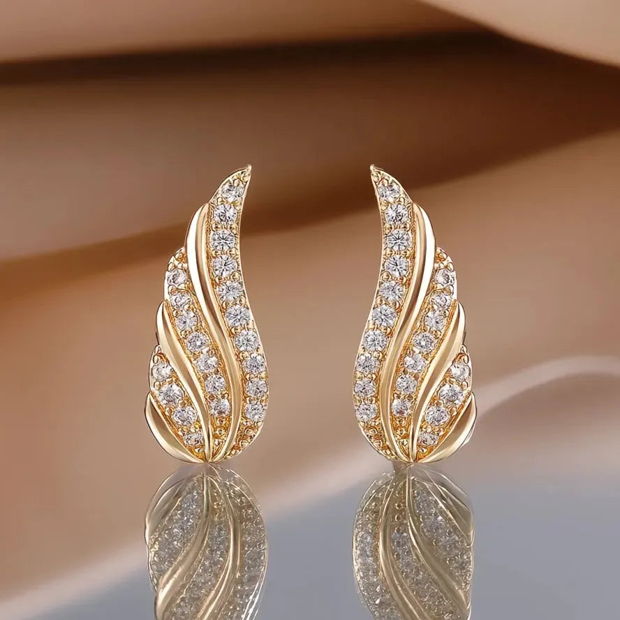 Copper Wing Stud Earrings for Women with CZ Stone, Silver & Gold Color, Geometric Design Gift Jewelry