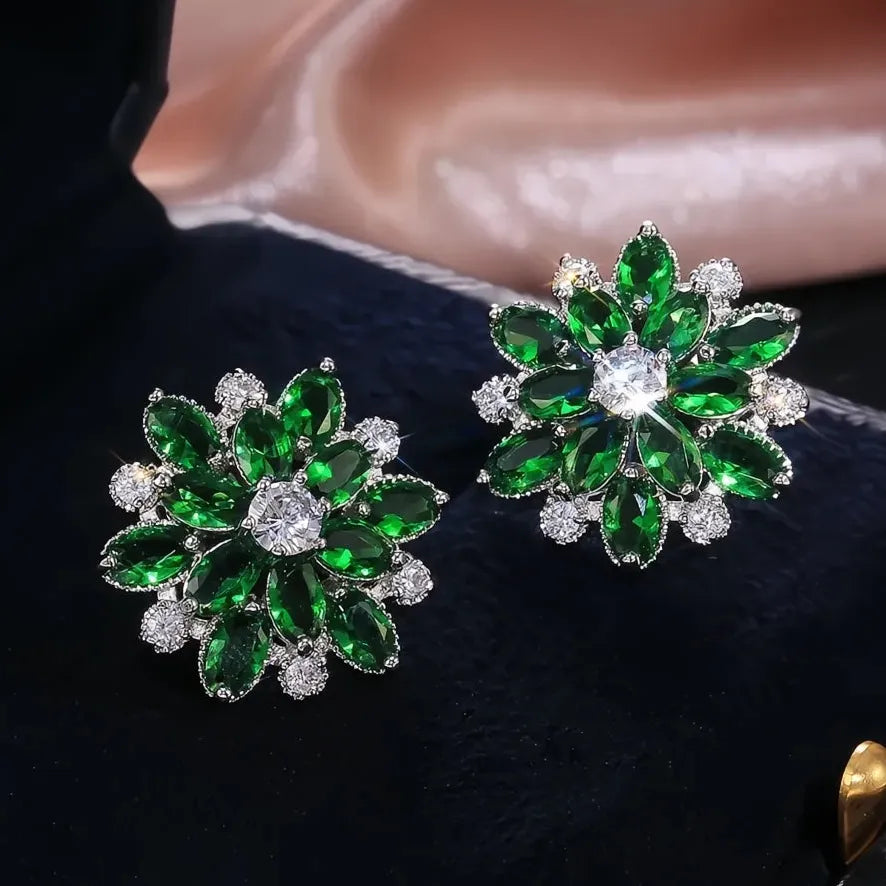 Double Layer Flower Stud Earrings with Cubic Zirconia Brass, 7 Colors Gift