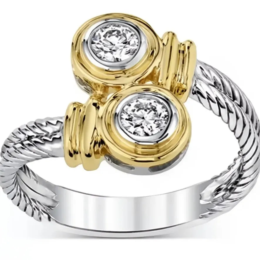 Two Tone Brass Women's Geometric Cubic Zirconia Wedding Band Ring Gift