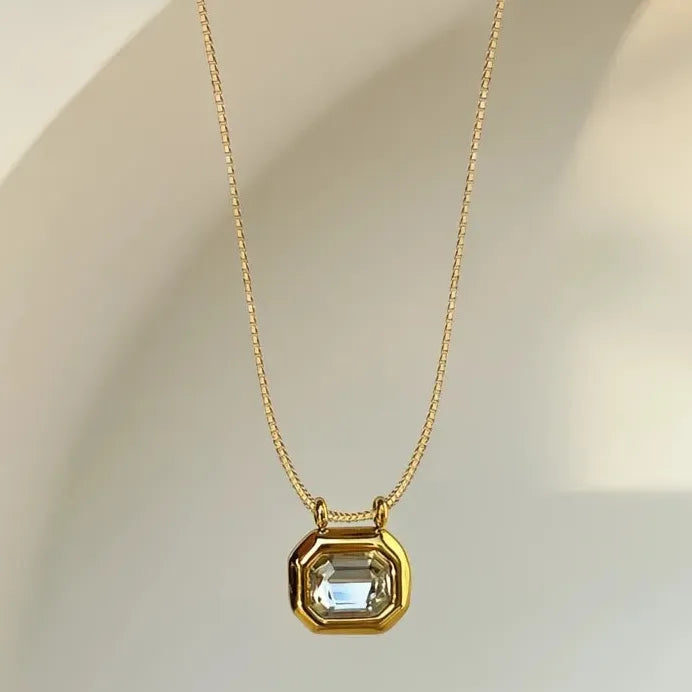 Elegant Geometric CZ Crystal Pendant Necklace for Women Wedding Jewelry Gold Tone