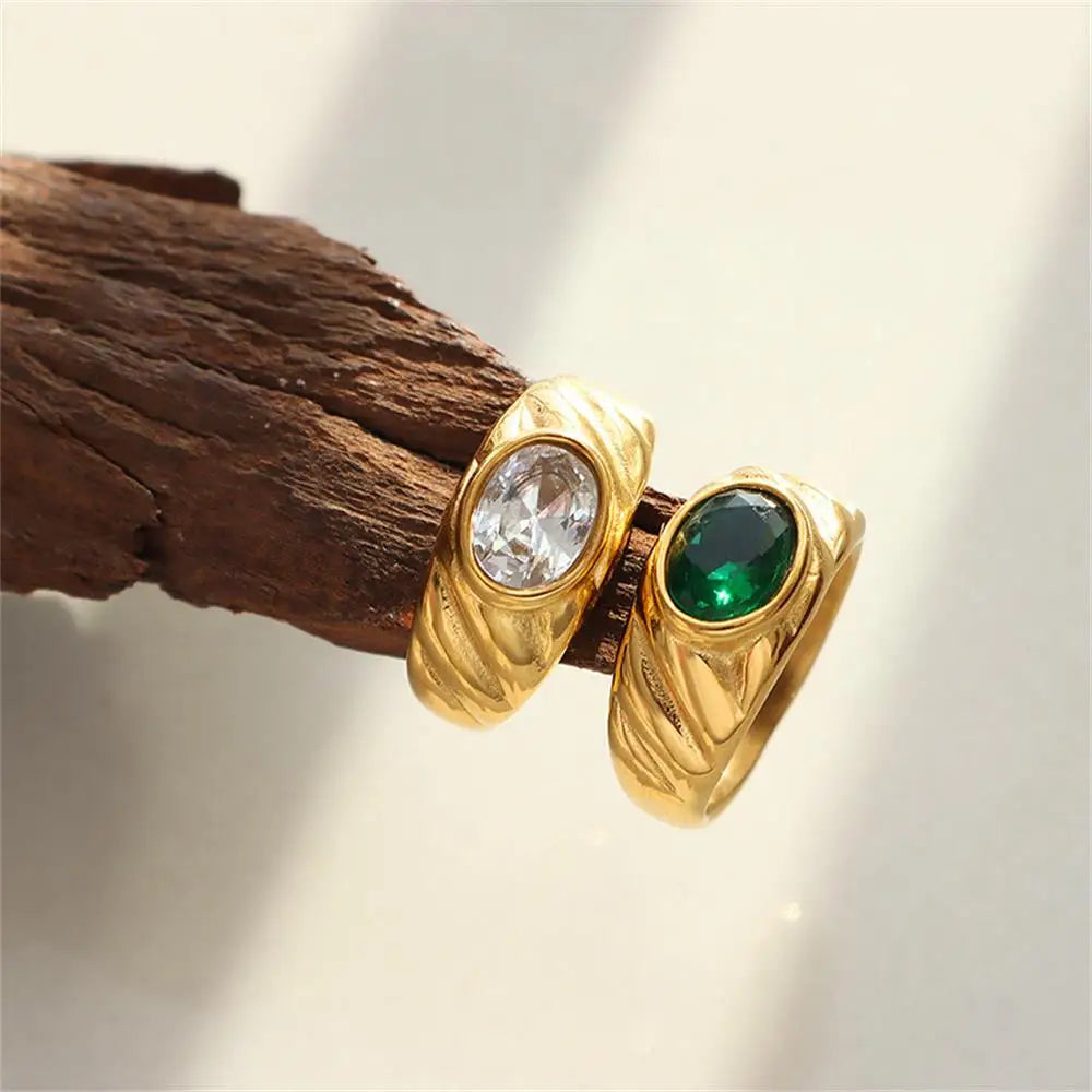 18K Gold Plated Stainless Steel CZ Geometric Twist Chunky Wedding Ring