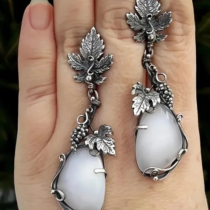Vintage Silver Color Maple Leaf Dangle Earrings White Stone Water Droplets for Women