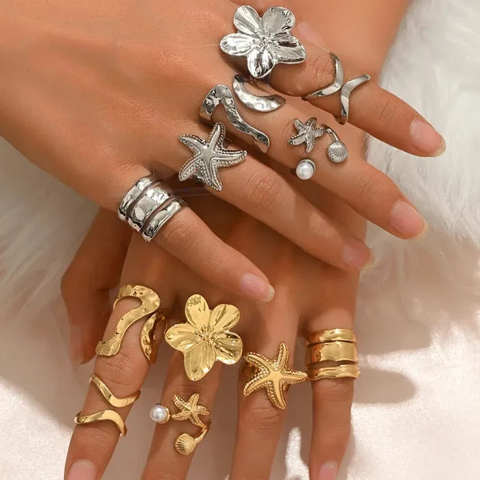6Pcs Adjustable Vintage Pearl Flower Starfish Rings for Women Gift Set