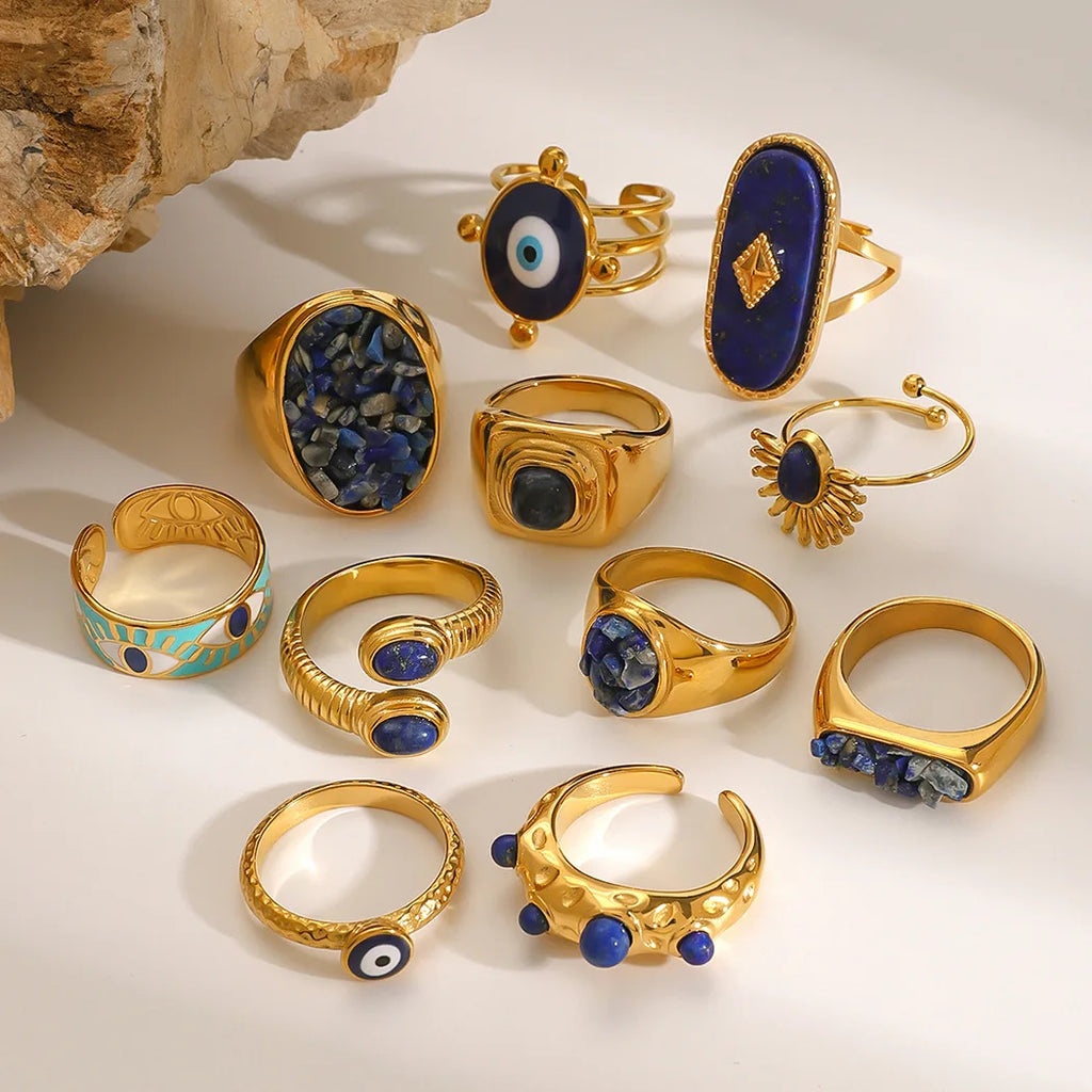 18K Gold Plated Goth Evil Eye Ring Blue Natural Stone Chunky Knuckle Jewelry