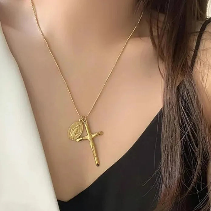 18k Gold Plated Stainless Steel Goth Jesus Cross Pendant Necklace Choker Jewelry