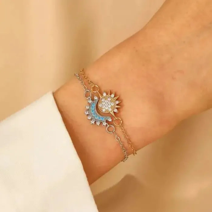 2Pcs Adjustable Copper Bracelets Sun Moon Star Rhinestone Gift Set