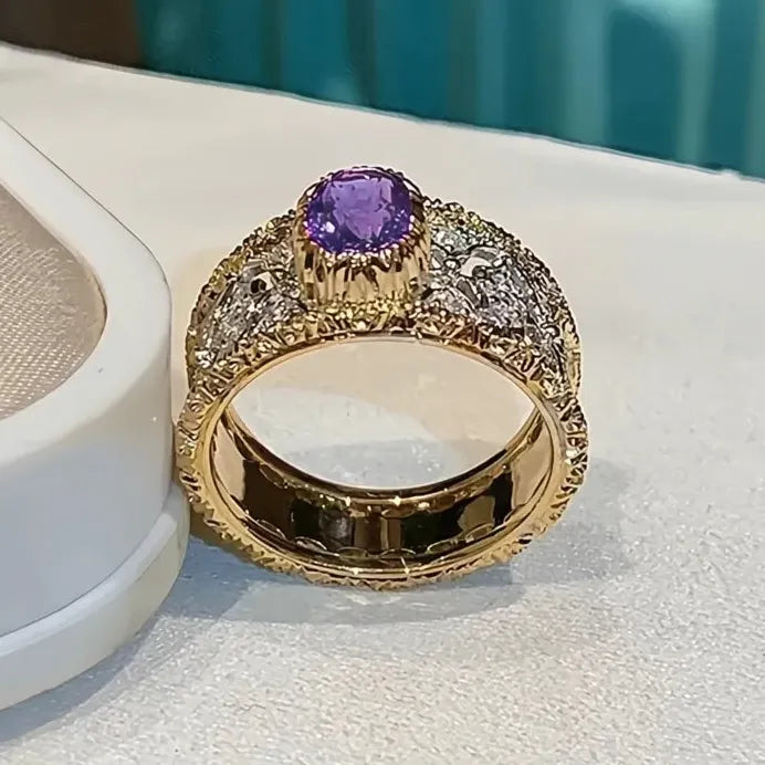 Two Tone Purple CZ Geometric Luxury Trendy Women's Wedding Band Ring