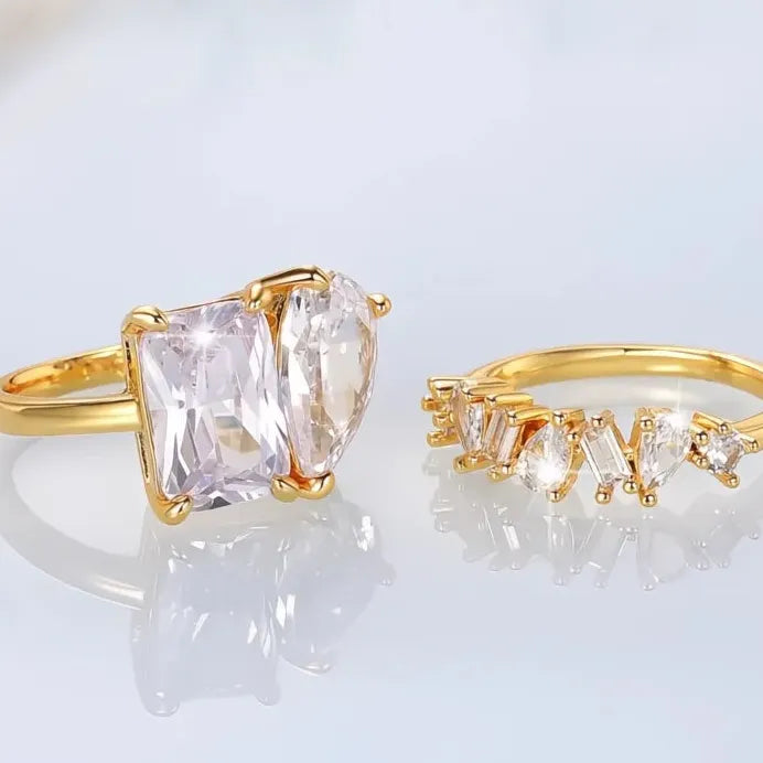 Pear Square Cubic Zirconia Wedding Rings Set Gold Color Elegant 2023