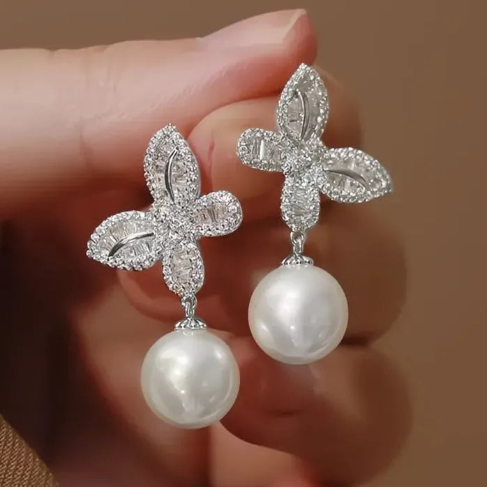 Butterfly Drop Earrings with Imitation Pearl & Sparkling CZ, Brass Jewelry