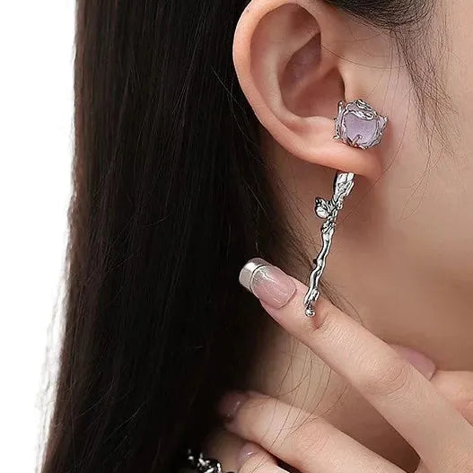 Copper Romantic Rose Crystal Earrings Women Gothic Thorn Stem Stud Studs Jewelry