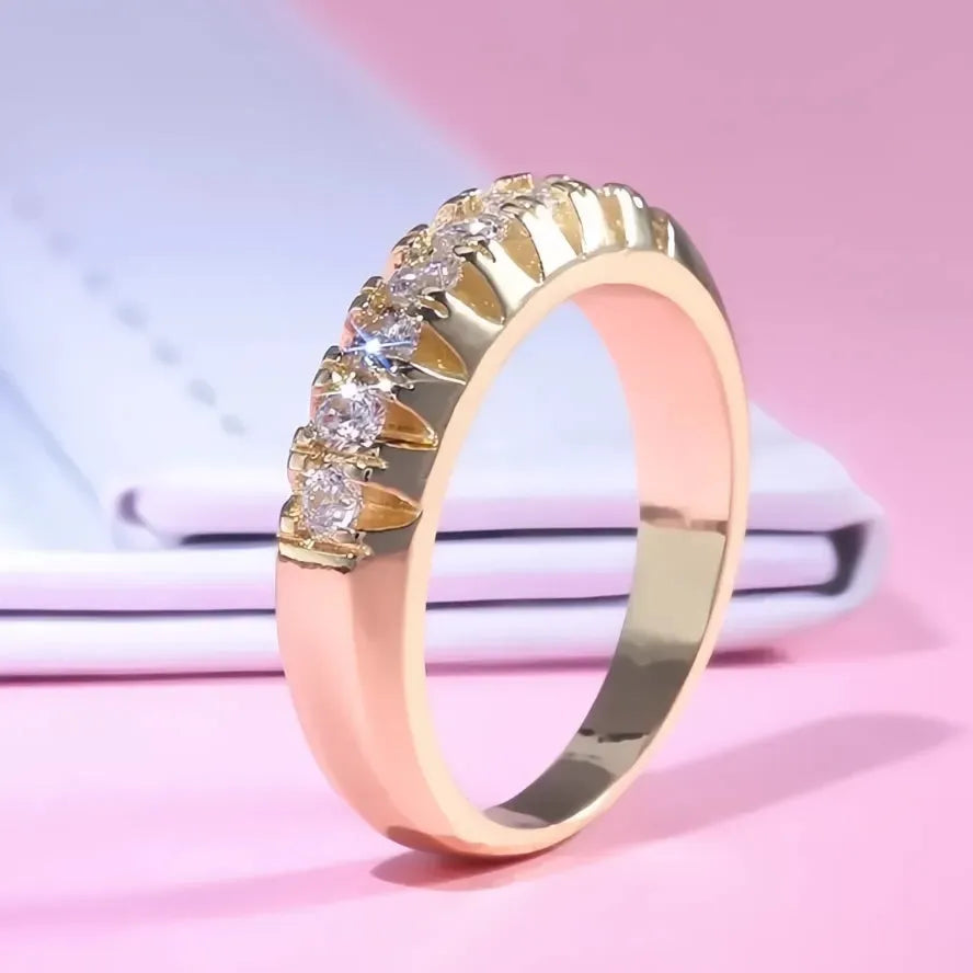 Golden Brass Office Lady Ring with Cubic Zirconia Halo, Geometric Design, Sizes 6-10, Casual Female Jewelry