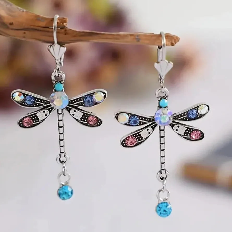 Dragonfly Drop Earrings Vintage Style Zinc Alloy Colorful Rhinestones