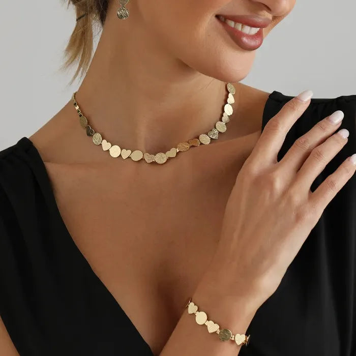 Heart and Geometric Zinc Alloy Necklace Bracelet Earrings Set for Women