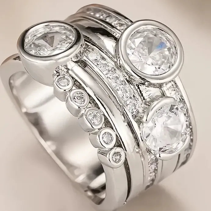 Silver Women's Geometric Cubic Zirconia Wedding Band Ring for Party