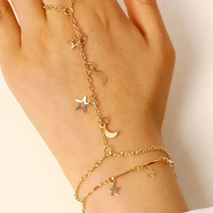 Star Moon Tassel Adjustable Bracelet for Women Vintage Celestial Jewelry Gift