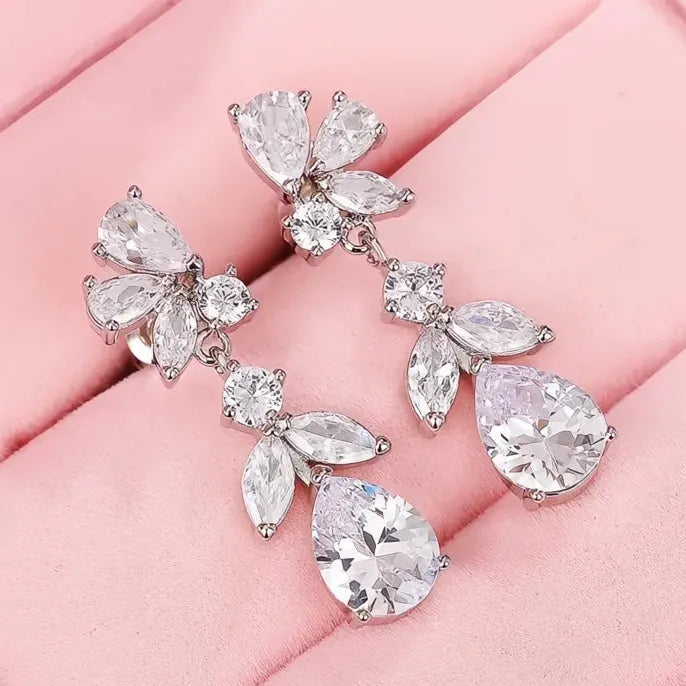 Geometric White Cubic Zirconia Drop Earrings for Women Bridal Wedding Copper Alloy