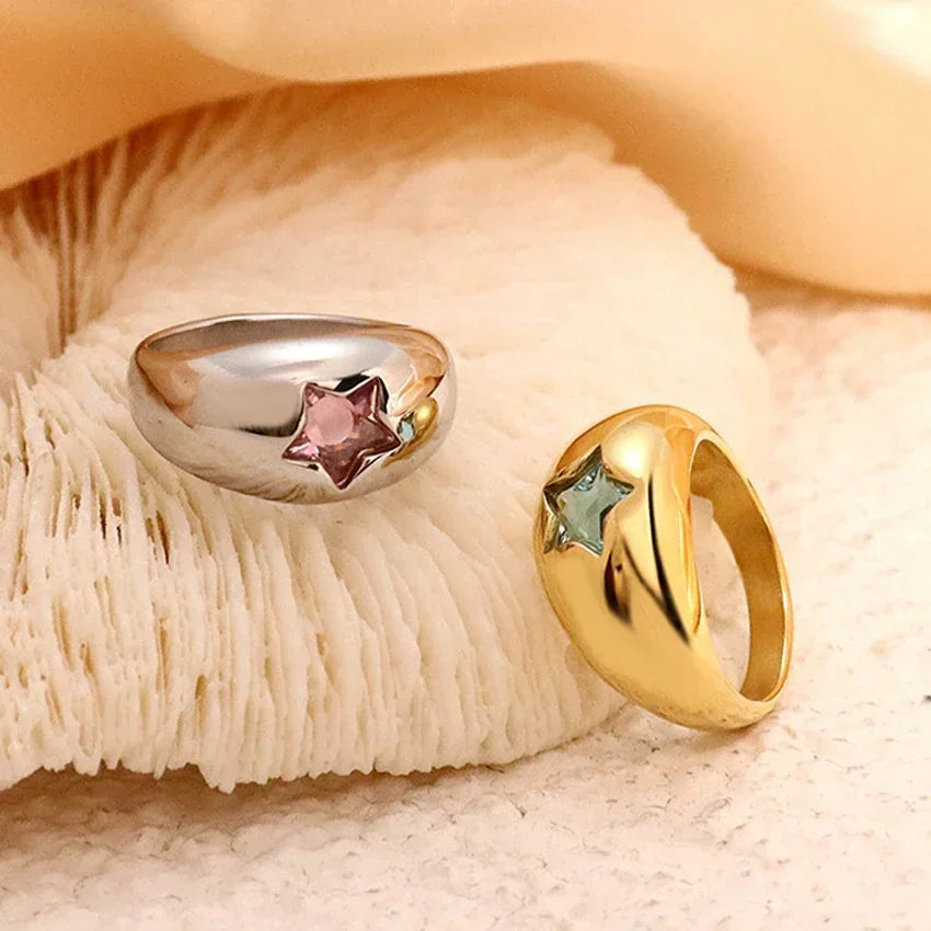 18K Gold PVD Stainless Steel Star Zircon Chunky Ring for Women Blue Pink Crystal