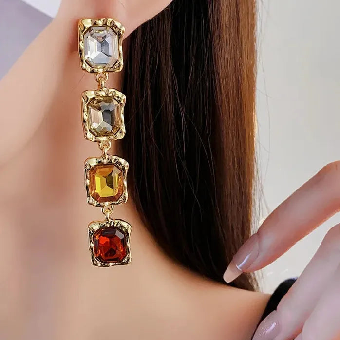 DREJEW Vintage Rhinestone Square Geometric Dangle Earrings for Women Silver Needle Gift