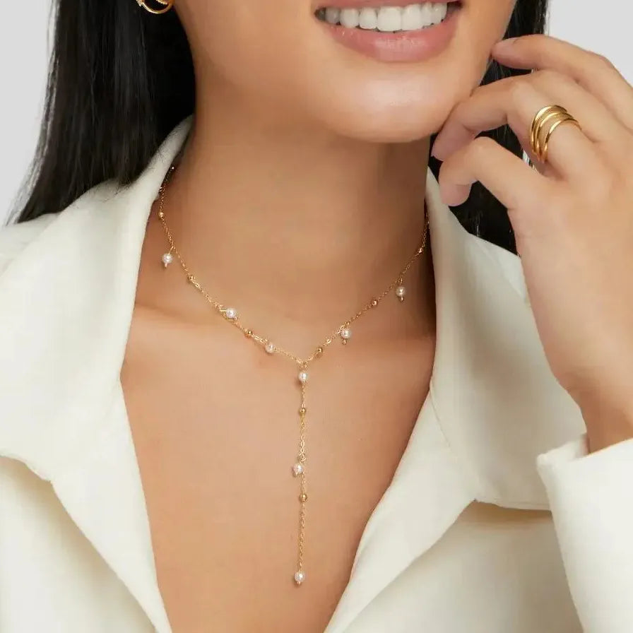 Vintage Gold Stainless Steel Pearl Circle Pendant Y-Shaped Long Chain Necklace Women