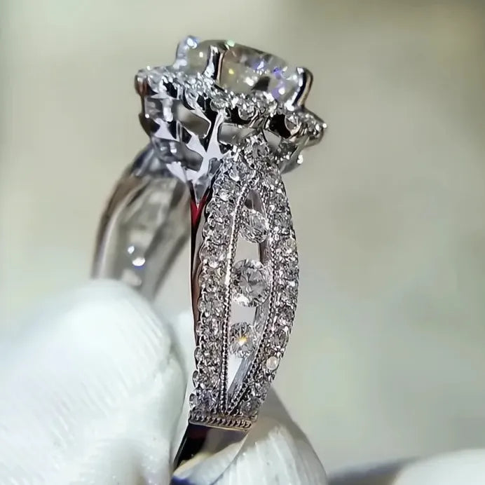 Aesthetic Flower Cubic Zirconia Silver Wedding Band Engagement Ring Women