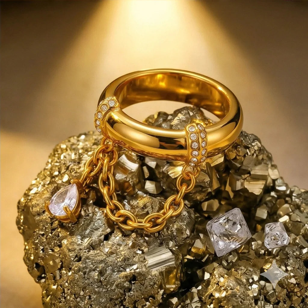 18K Gold Plated Stainless Steel CZ Chain Link Ring Women Waterproof Retro Jewelry