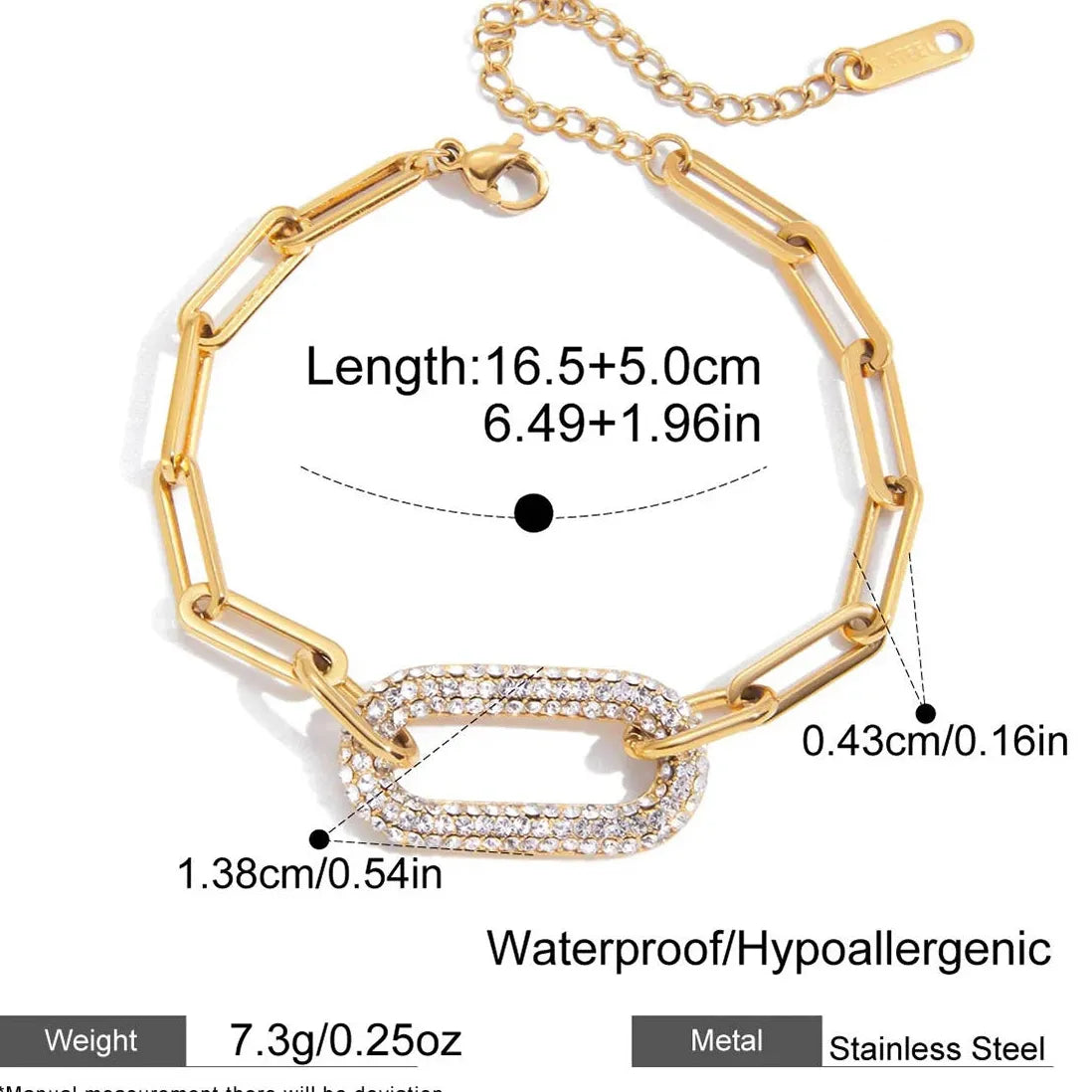 18K Gold Plated Geometric CZ Zircon Bracelet Punk Hypoallergenic Chain Jewelry