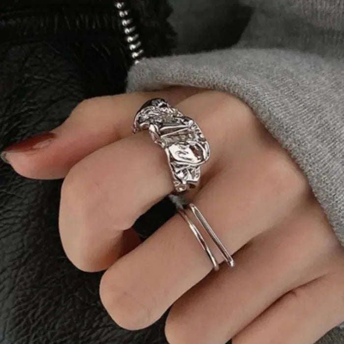 Adjustable Luxury Irregular Geometric Metal Ring Y2K Cocktail Gift for Women Men