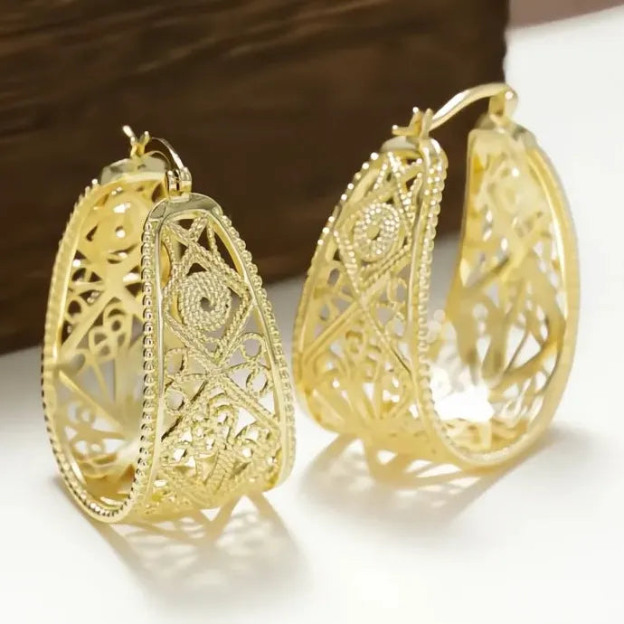 Boho Gold Brass Geometric Filigree Hoop Dangle Earrings Gift for Women