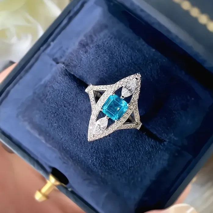 Hyperbole Marquise Blue Cubic Zirconia Brass Wedding Ring for Women