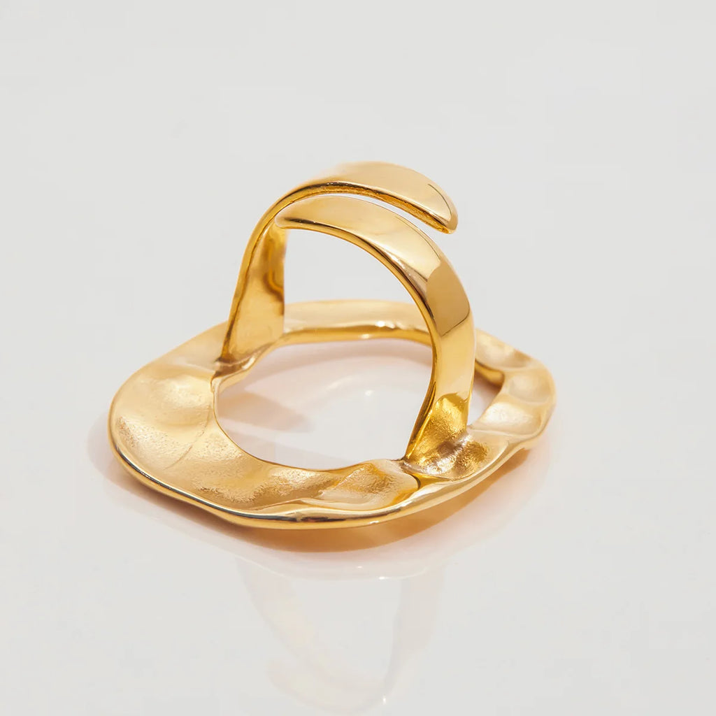 18k Gold Plated Stainless Steel Oversize Hollow Geometric Spiral Pearl Ring for Women