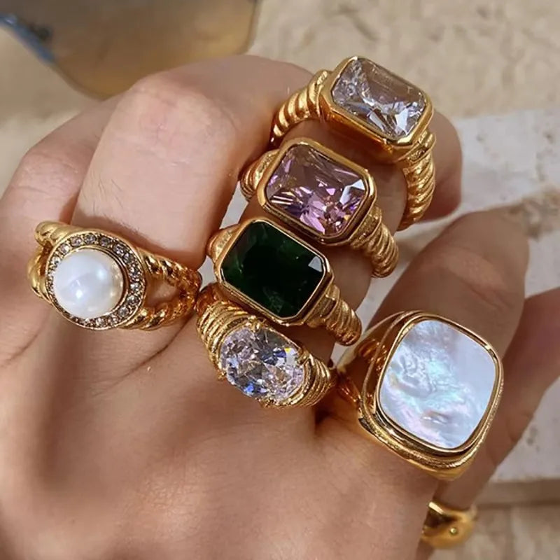 18K Gold Plated Stainless Steel Square Multi-Color Crystal CZ Chunky Ring