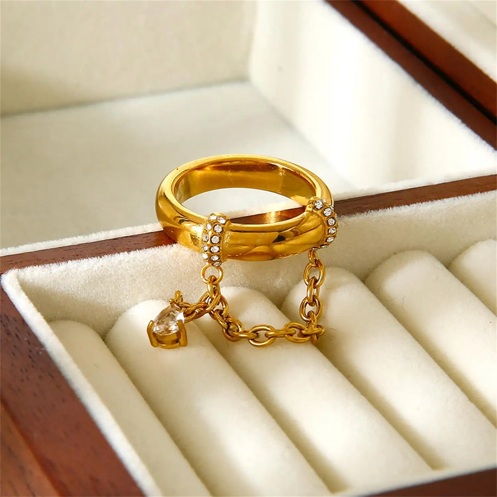 18K Gold Plated Stainless Steel CZ Chain Link Ring Women Waterproof Retro Jewelry