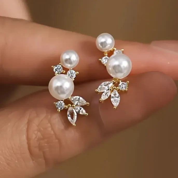 Women's Silver & Gold Geometric Stud Earrings with Simulated Pearls