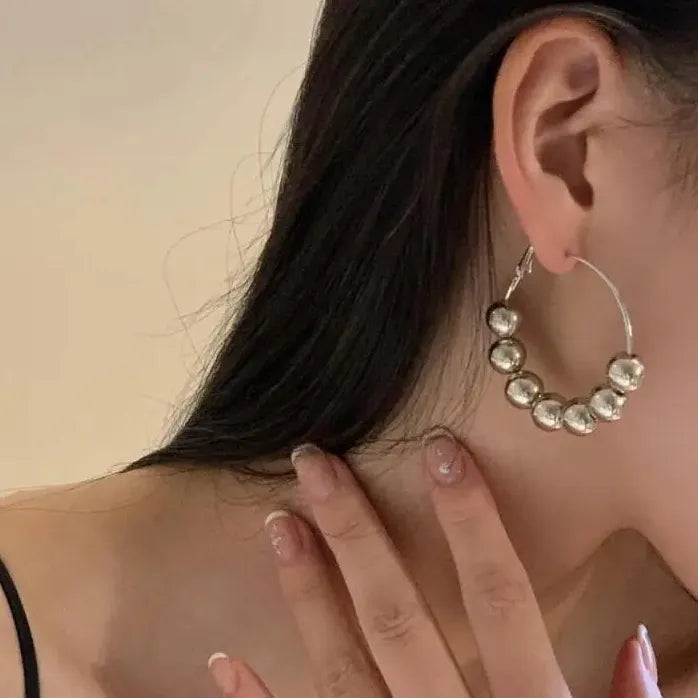 Silver Round Smooth Beaded Hoop Earrings Large Circle Drop for Women