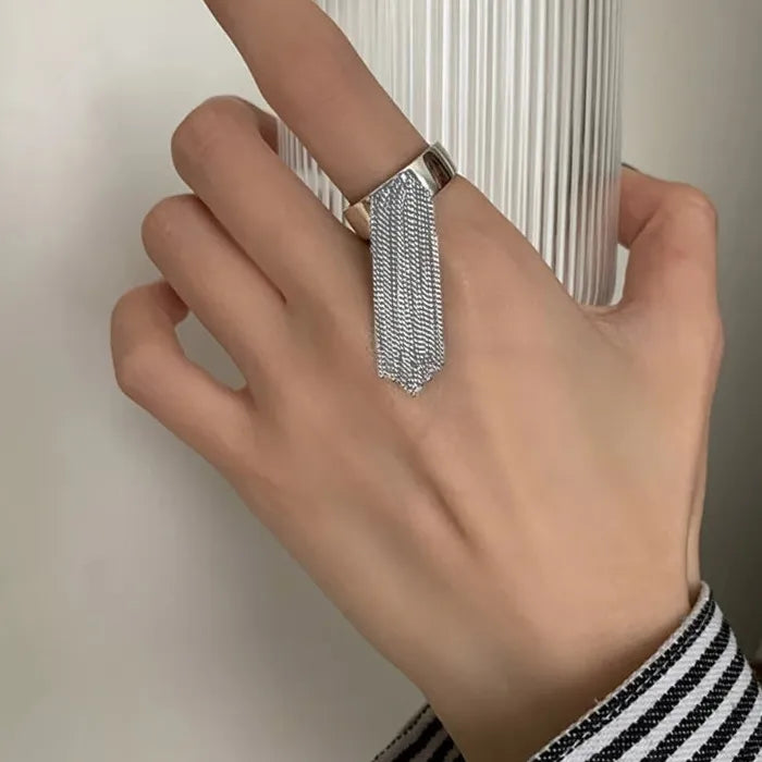 Adjustable Geometric Tassel Chain Ring for Women Stainless Steel Vintage Jewelry