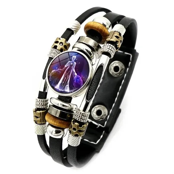 12 Constellation Zodiac Leather Bracelet with Glass Snap Button Unisex
