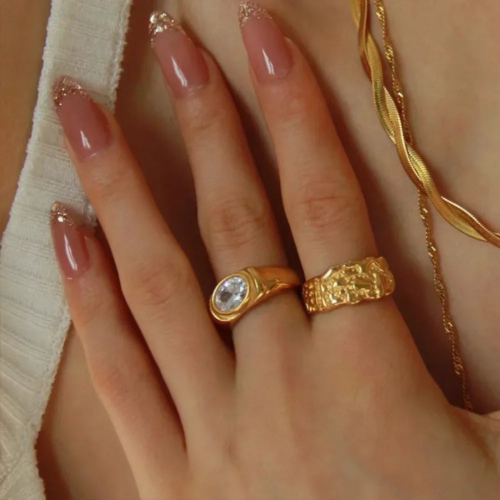 Retro Multicolor Zircon Oval Crystal Stainless Steel Gothic Chunky Knuckle Ring for Women