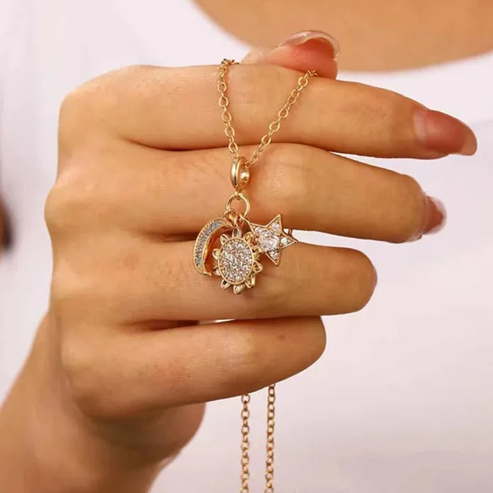 Copper Sun Moon Pendant Necklace with Rhinestones Vintage Jewelry Gift