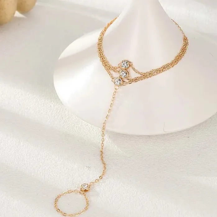 Fashion Metal Multilayer Hand Chain Link Ring Bracelet Women Wedding Jewelry