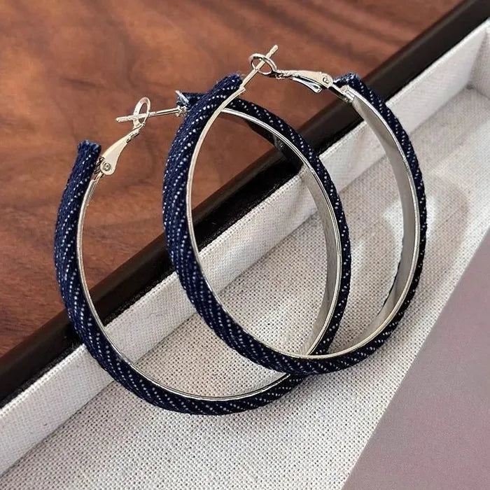 Vintage Blue Denim Zinc Alloy Round Hoop Earrings for Women Gift