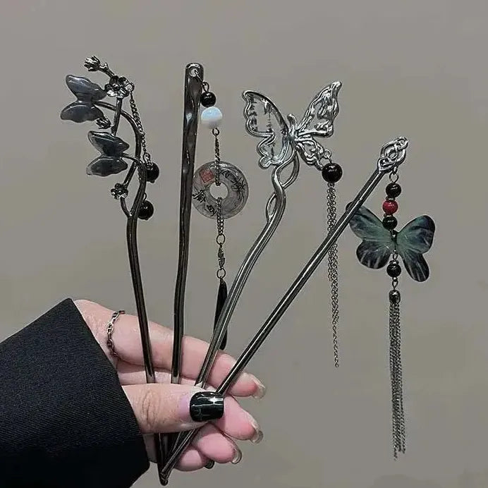2024 Chinese Style Butterfly Flower Tassel Zinc Alloy Hair Stick for Women
