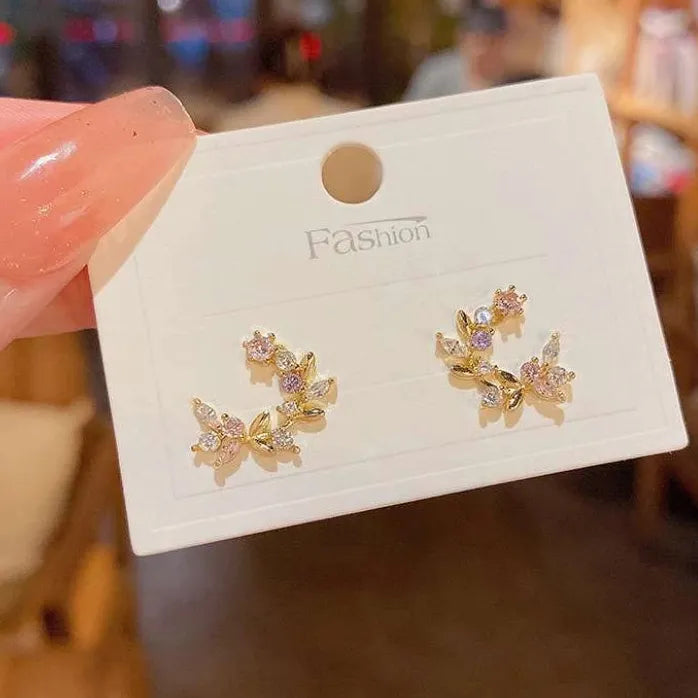 Colored Inlaid Rhinestone Moon Leaf Stud Earrings for Women Copper Alloy Jewelry